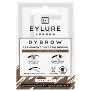 Eylure's Dybrow Permanent Eyebrow Tint in Light Brown provides a long-lasting tint solution for brows. The packaging highlights its benefits: it lasts up to 6 weeks, can be applied in under 15 minutes, offers up to 12 applications, and is both cruelty-free and vegan. The kit includes a 5ml activator cream and a 5ml color cream.